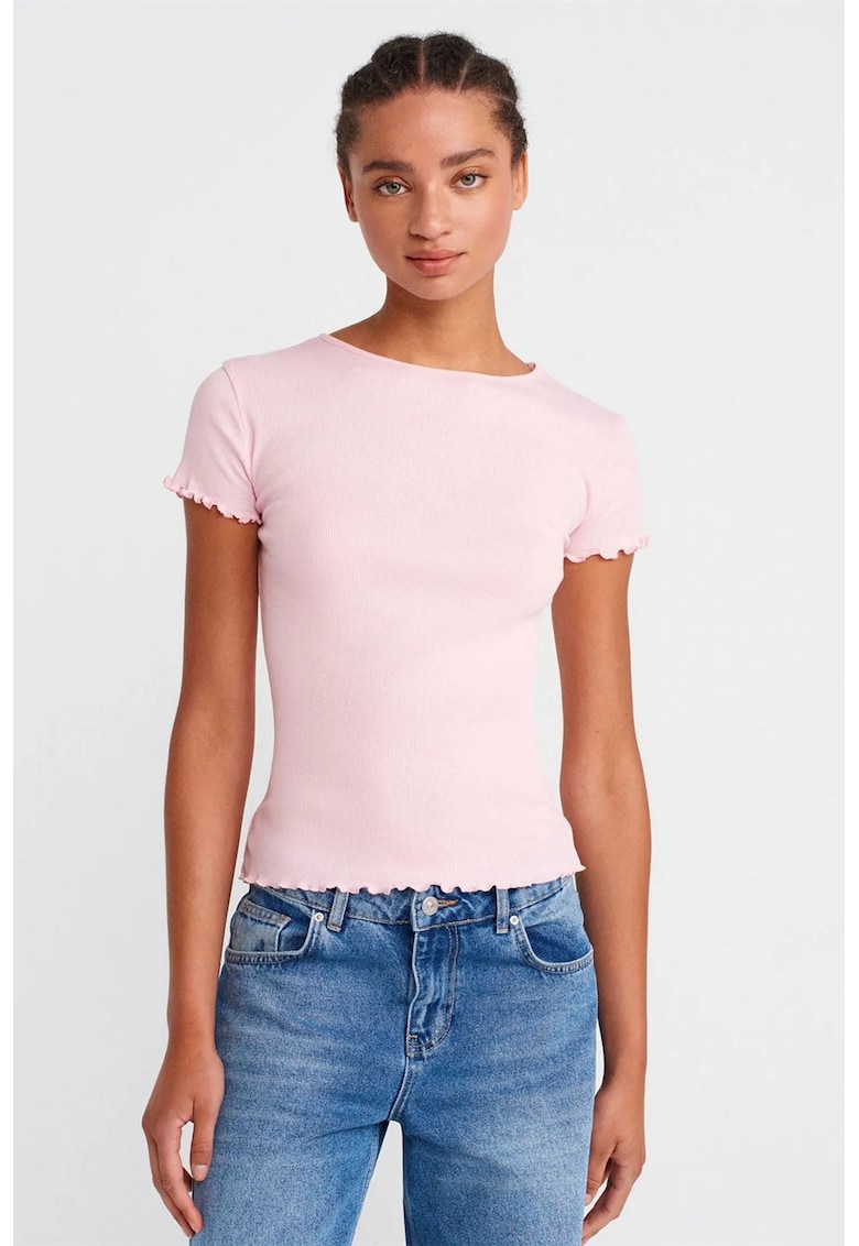Tricou dama - slim fit - volanase - roz pudra - 100% bumbac