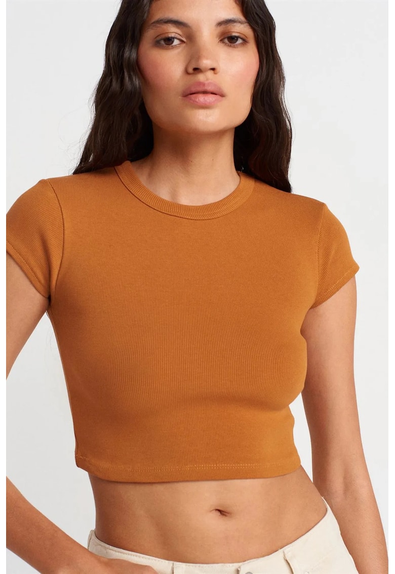 Tricou dama - slim fit - scurt - maro camel - bumbac elastan