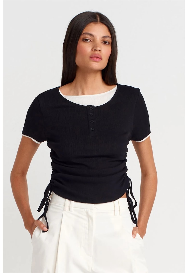 Tricou dama - bumbac - slim fit - detalii cu snur - negru