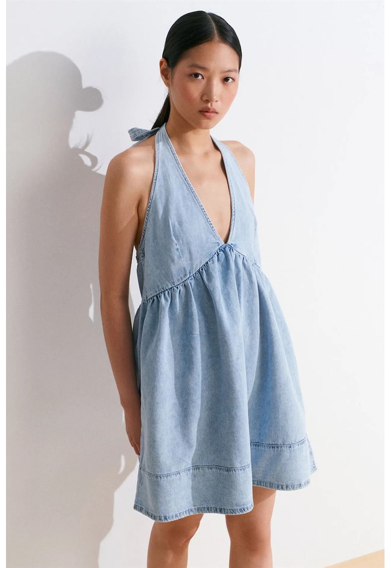 Rochie Mini - Denim Albastru Deschis-Mediu - Casual - Guler Halter - 100% Bumbac