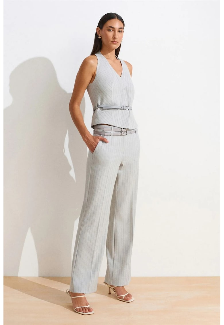 Pantaloni dama - cu dungi - croiala dreapta - gri deschis - poliester-viscoza-elastan