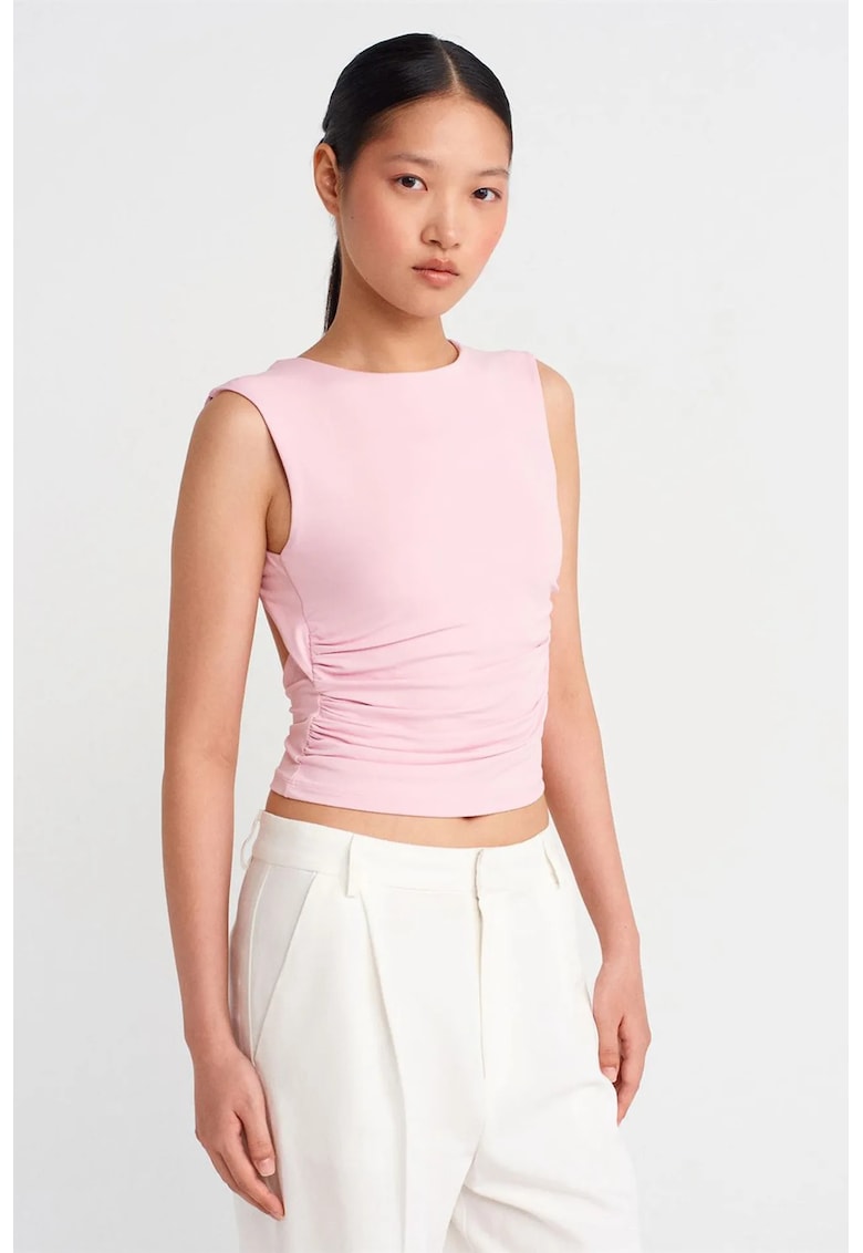 Bluza crop slim-fit - decupaj - roz pudrat - tricot din nailon si elastan