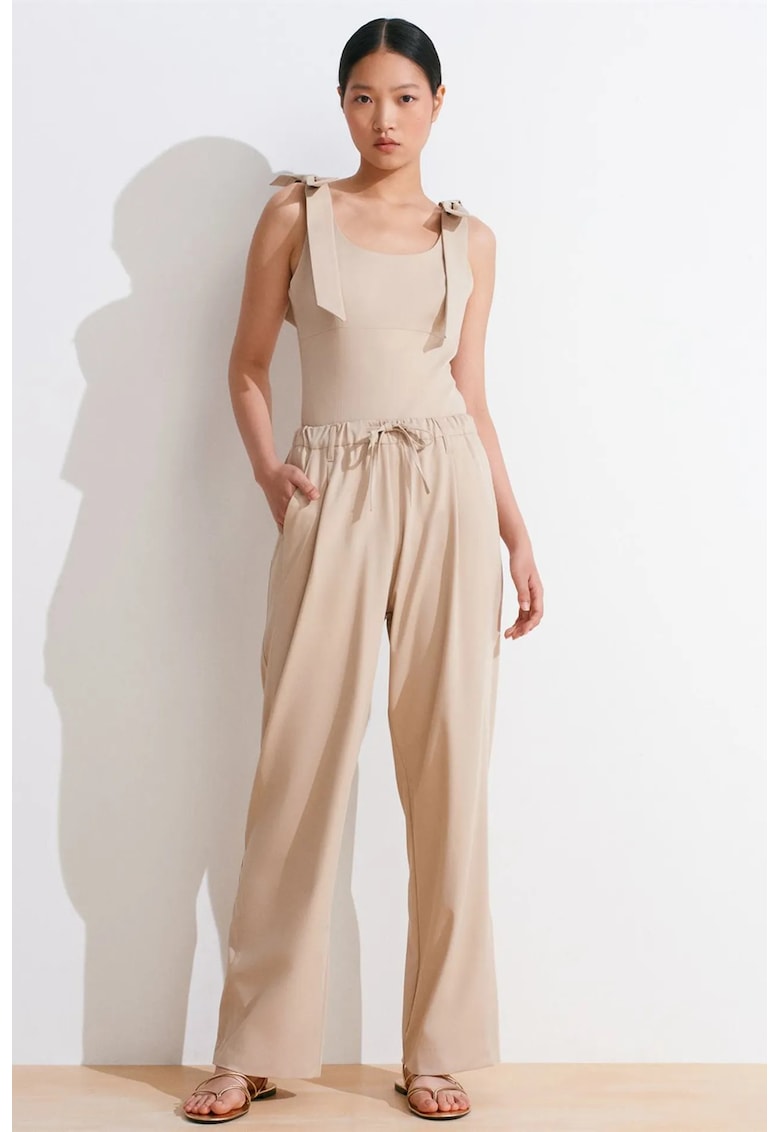 Pantaloni dama - Wide-Leg Crepe - elastic - bej natural - poliester-viscoza-elastan
