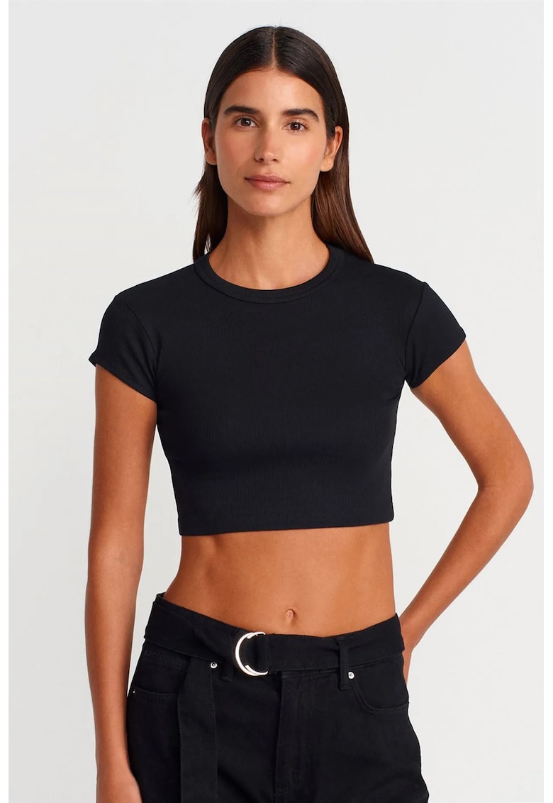 Tricou pentru femei - slim fit - scurt - negru - 95% bumbac - 5% elastan