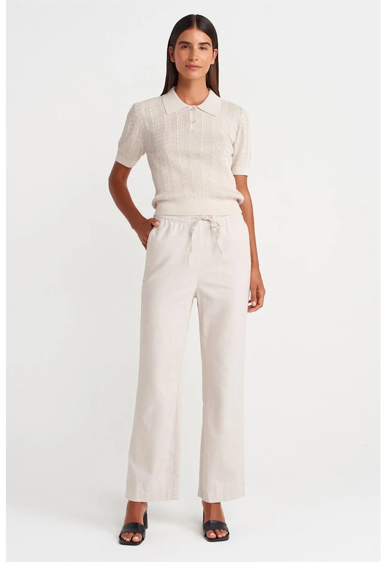 Pantaloni dama - Wide-Leg - detalii cu snur - alb prafuit - 100% Tencel
