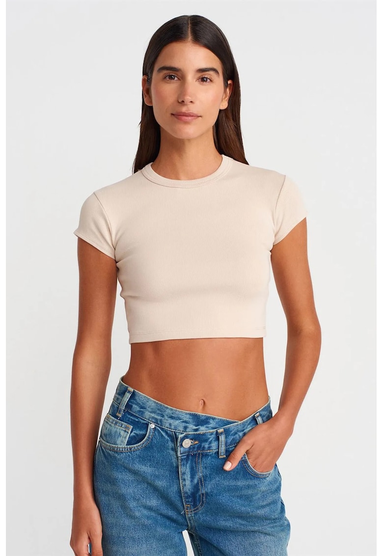 Tricou dama crop slim fit - bej natural - bumbac cu elastan - maneca scurta