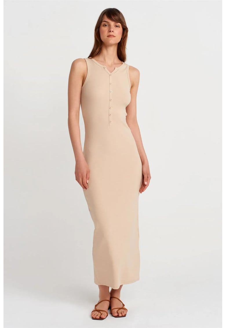Rochie Maxi - Casual - Guler rotund - Bej Natural - Amestec de Bumbac