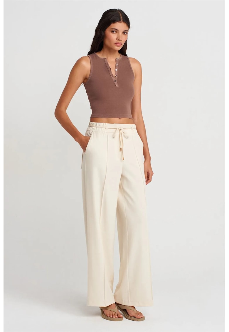 Pantaloni dama - picior larg - crem natural - crep - cu snur in talie
