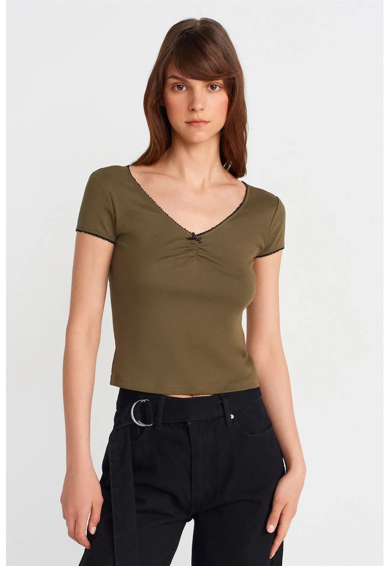 Bluza crop - bumbac - volane - kaki - casual