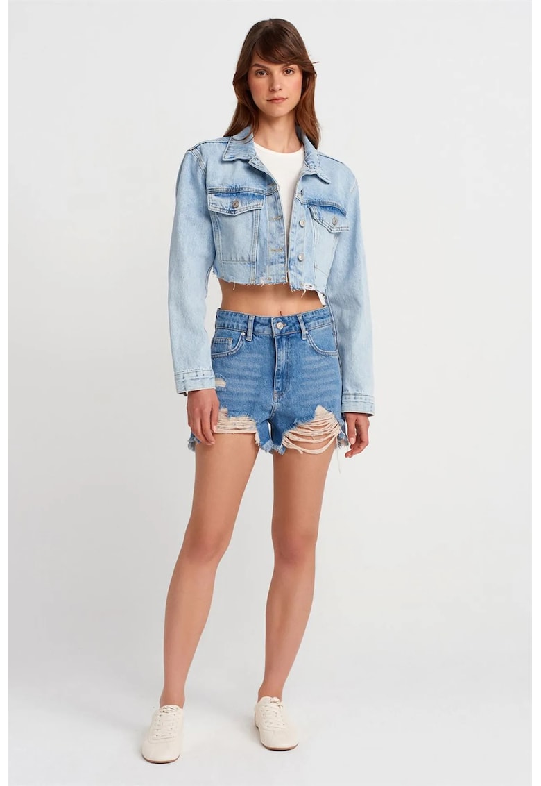 Pantaloni scurti denim albastru talie inalta - bumbac - Albastru