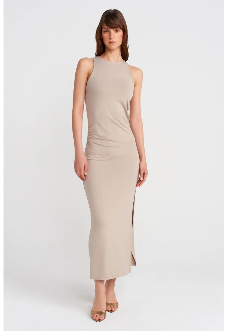 Rochie Maxi Bodycon Casual - Bej Natural - Fara Maneci - Slit - 94% Viscoza