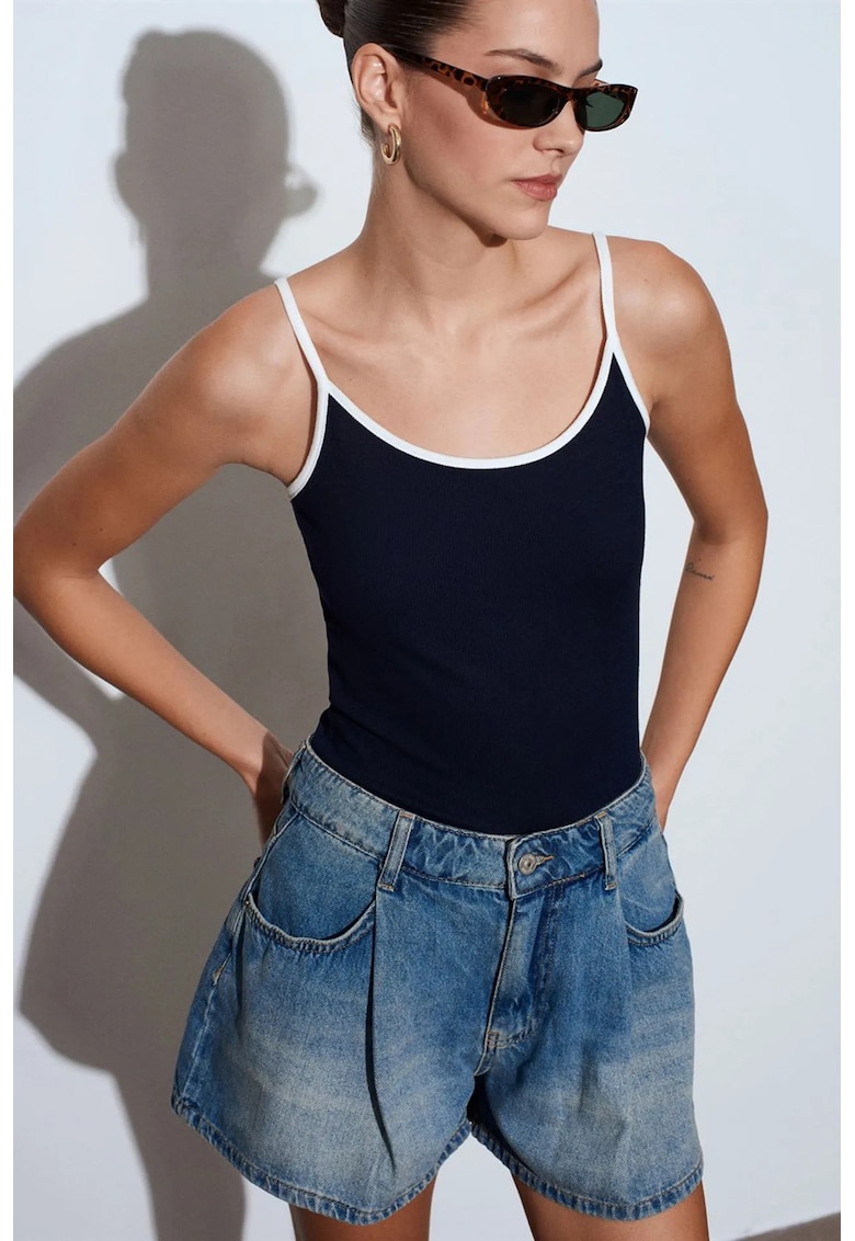 Pantaloni scurti dama - denim - talie inalta - albastru bumbac - Albastru