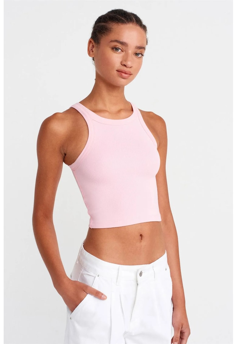 Bluza crop - slim fit - fara maneci - roz pudrat - bumbac cu elastan