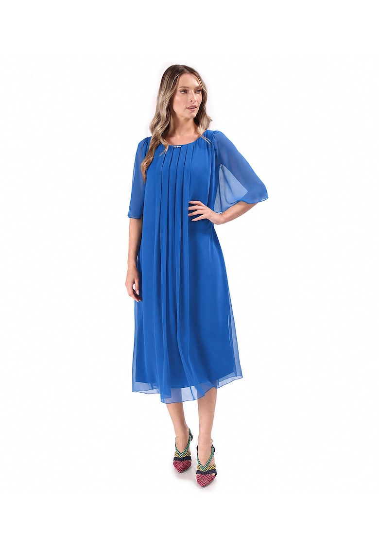 Rochie de ocazie din voal uni cu maneci evazate - Albastru safir