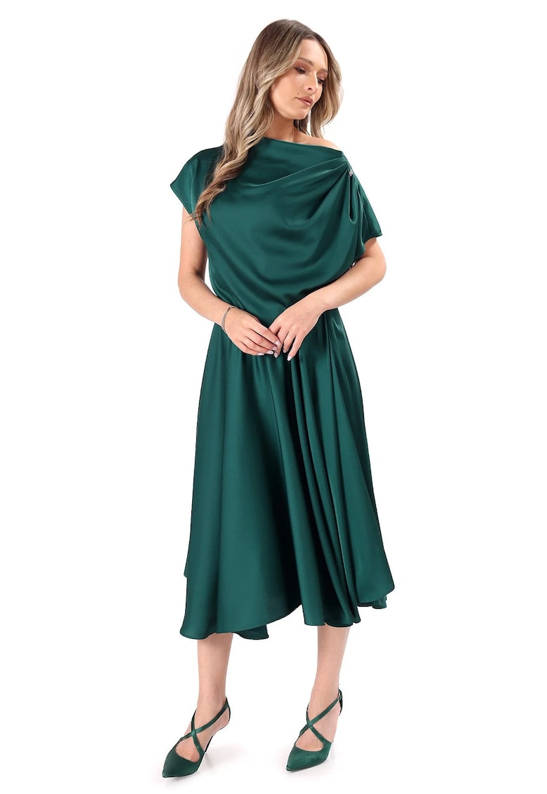 Rochie midi din satin elastic cu decolteu barcuta - Verde padure