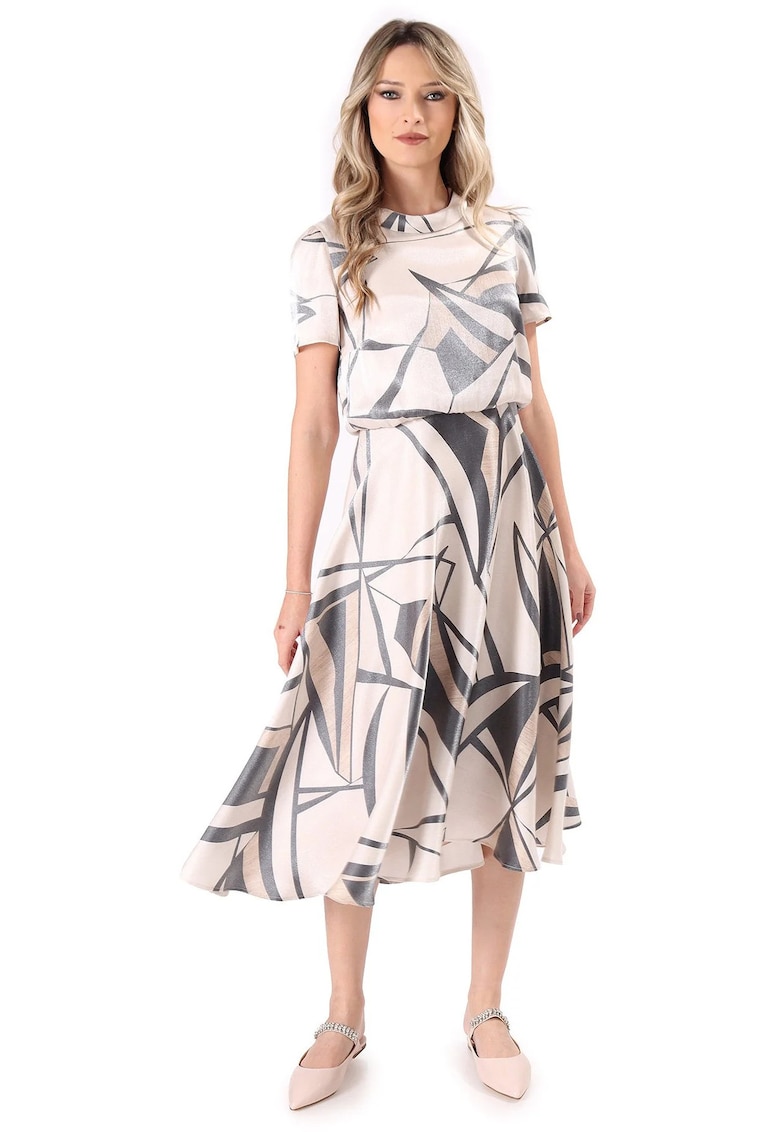 Rochie midi eleganta din viscoza satinata imprimata cu motive geometrice - Bej