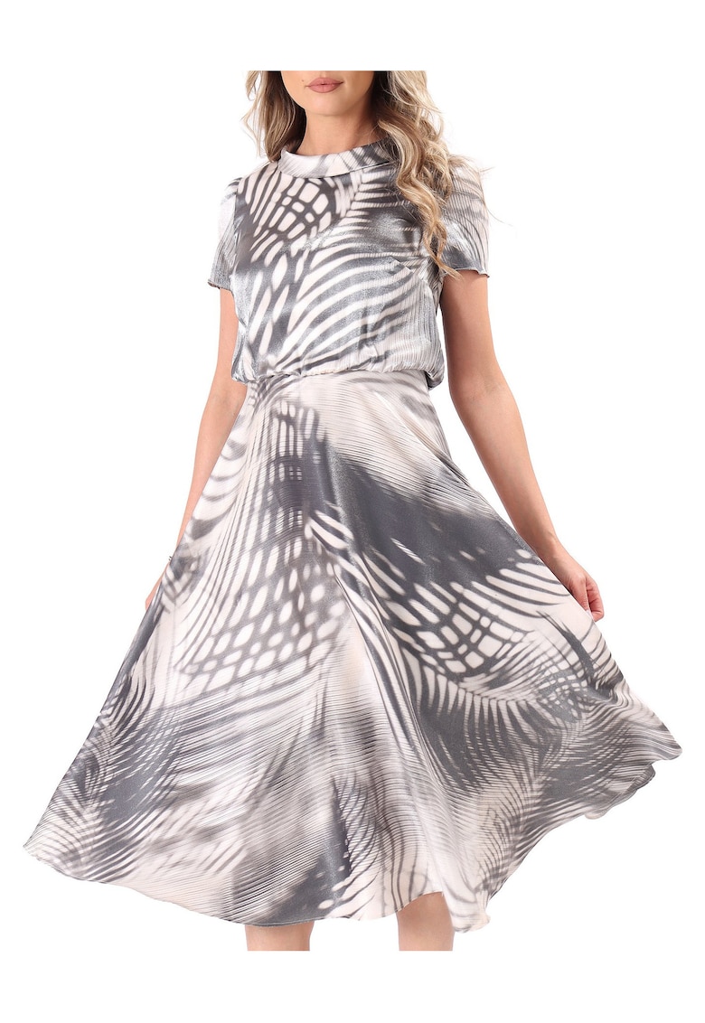 Rochie midi eleganta din viscoza satinata imprimata cu motive geometrice - Gri