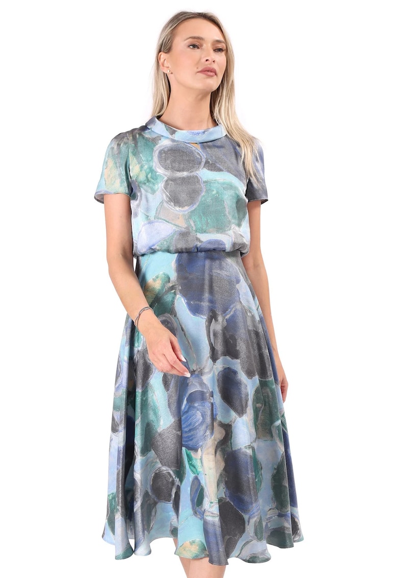 Rochie midi eleganta din viscoza satinata imprimata cu motive geometrice - Albastru deschis