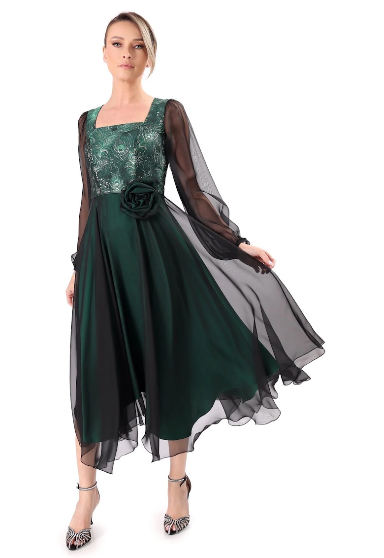 Rochie de seara midi cu bust din brocard cu fir metalic - Verde
