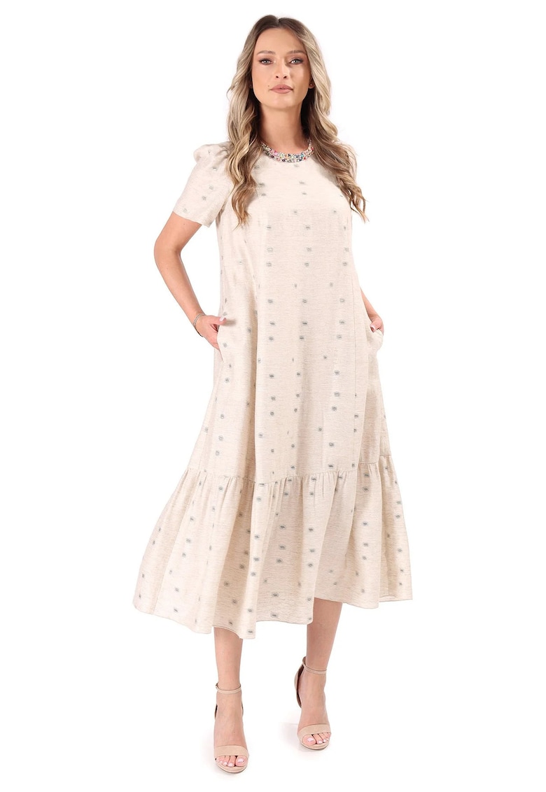 Rochie midi din viscoza cu in si fir metalic - Bej