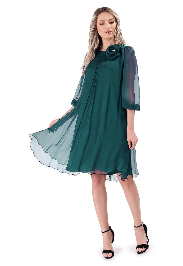 Rochie din voal de matase naturala cu brosa detasabila - Verde smarald