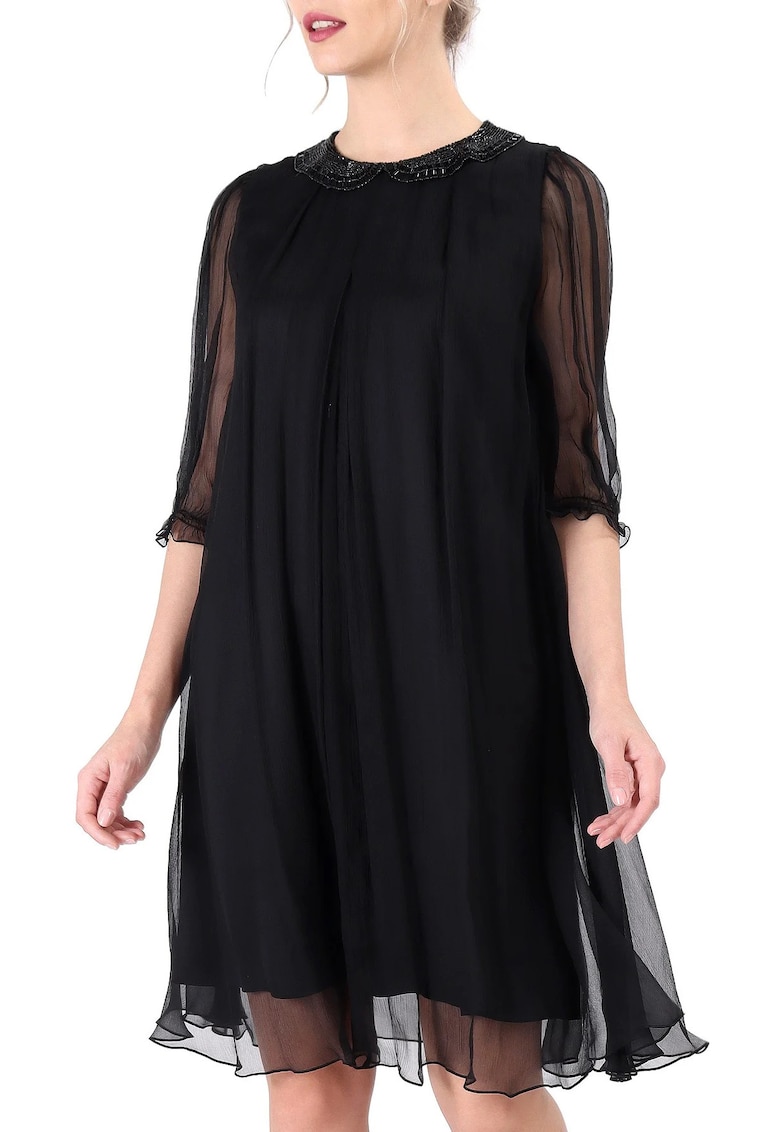 Rochie din voal de matase naturala cu guler de margele - Negru