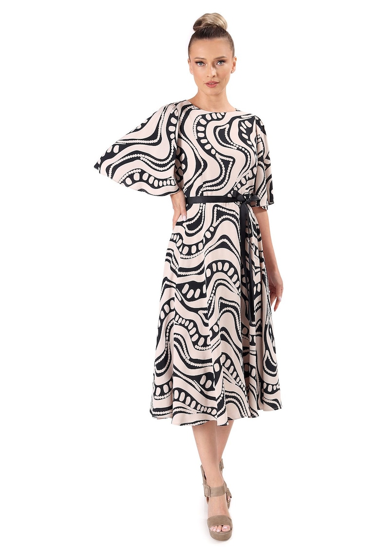 Rochie midi din viscoza imprimata cu motive geometrice - Bej