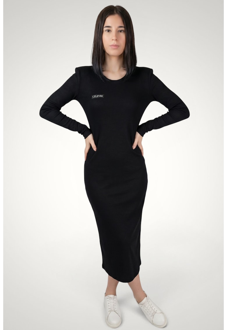 Rochie dama cu maneca lunga si despicatura laterala din bumbac premium - Negru