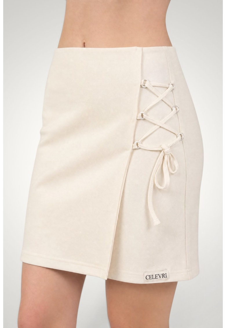 Pantaloni scurti de dama - tip fusta din bumbac premium - cu snur lateral - Alb