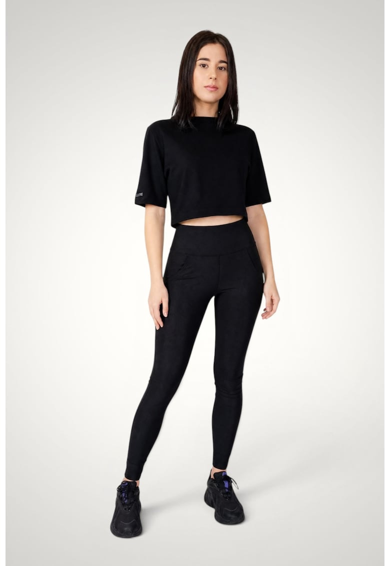 Tricou crop de dama maneci supradimensionate din bumbac premium - Negru