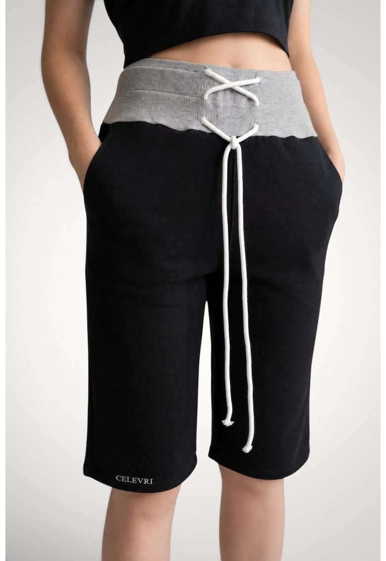 Pantaloni scurti 3/4 de dama - din bumbac premium - cu snur incrucisat in talie - Negru