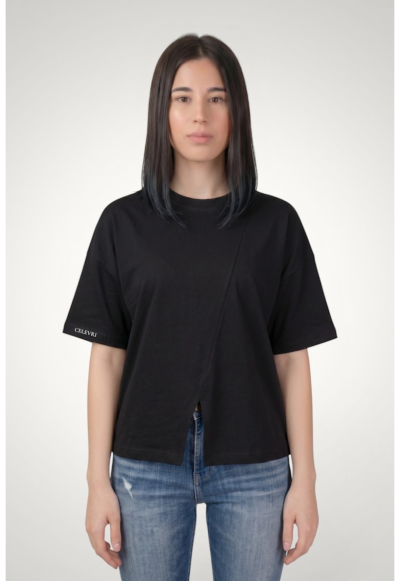 Tricou casual de dama cu maneci asimetrice din bumbac premium - Negru