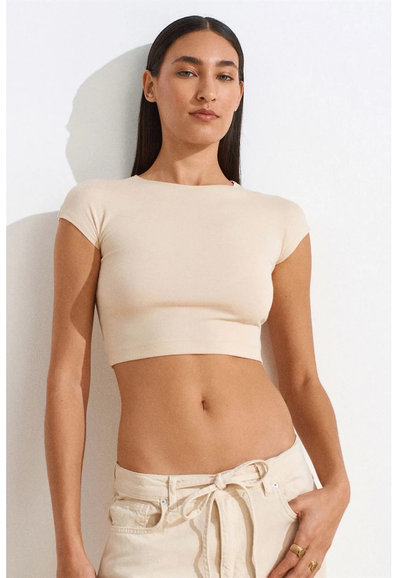 Tricou crop - slim fit - elastic - bej natural - bumbac/modal/elastan - L -