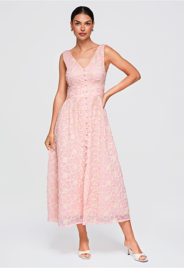 Rochie midi rozkloszata cu decolteu in V si broderie florala OW-DLR-E0015 - Roz
