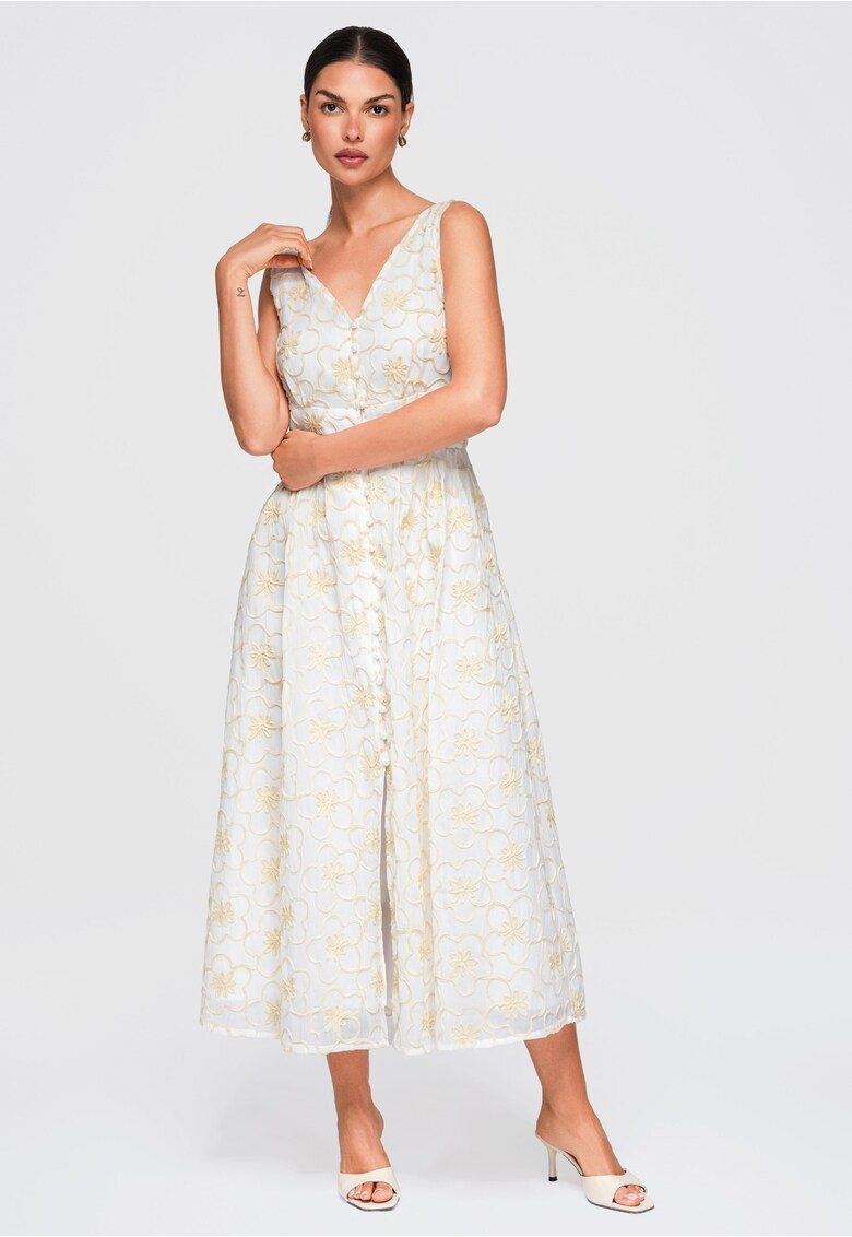 Rochie midi rozkloszata cu decolteu in V si broderie florala OW-DLR-E0015 - Alb