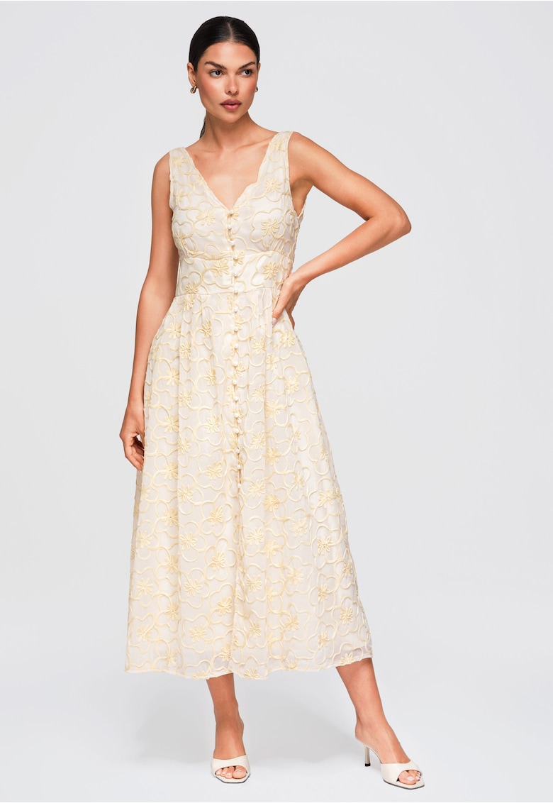 Rochie midi rozkloszata cu decolteu in V si broderie florala OW-DLR-E0015 - Bej
