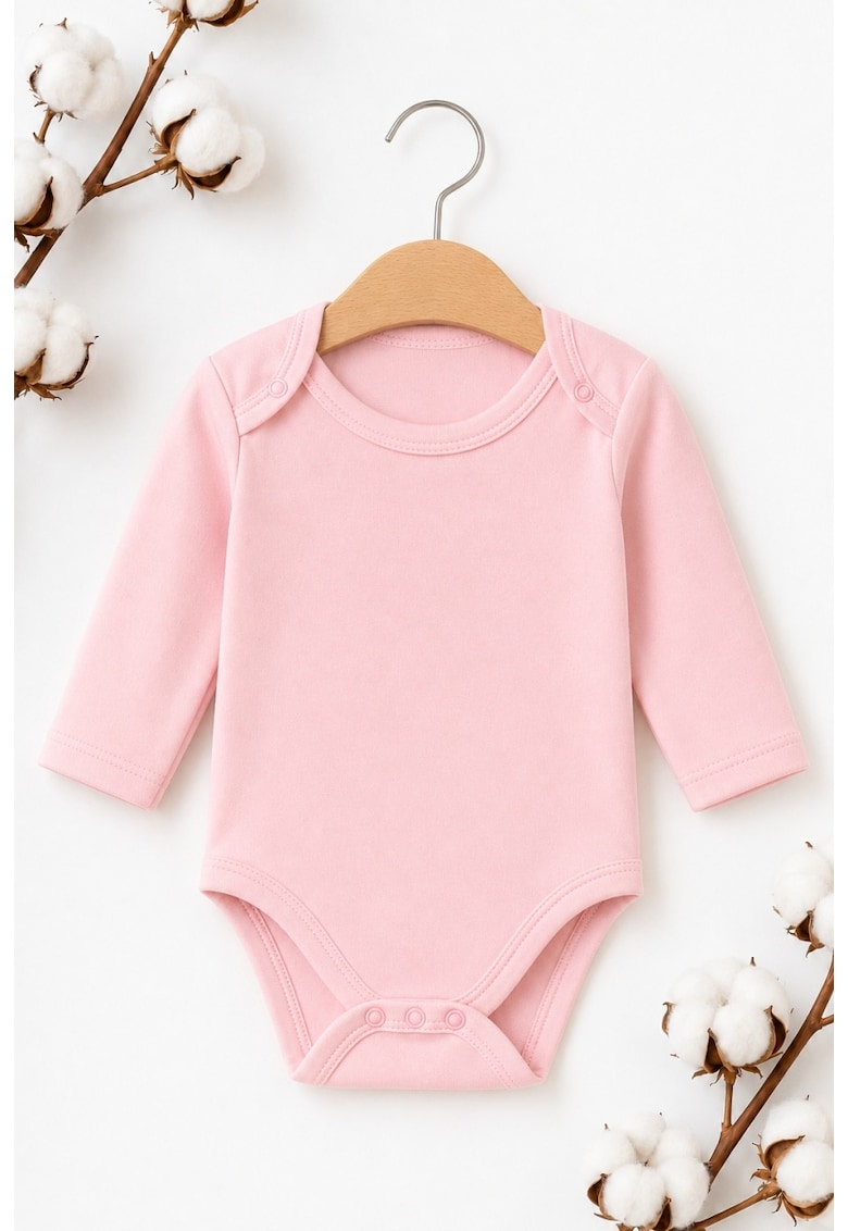 Body bebelusi roz din bumbac cu maneca lunga - body fetita cu capse
