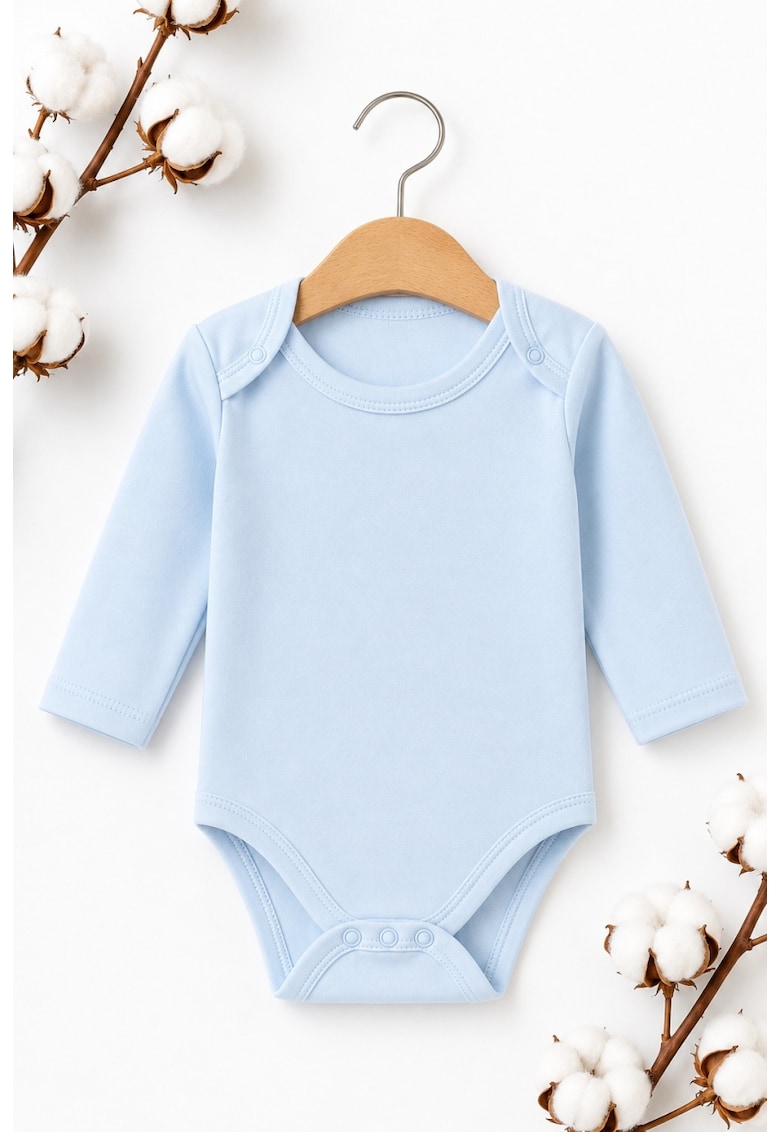Body bebelusi bleu din bumbac cu maneca lunga - body baiat cu capse