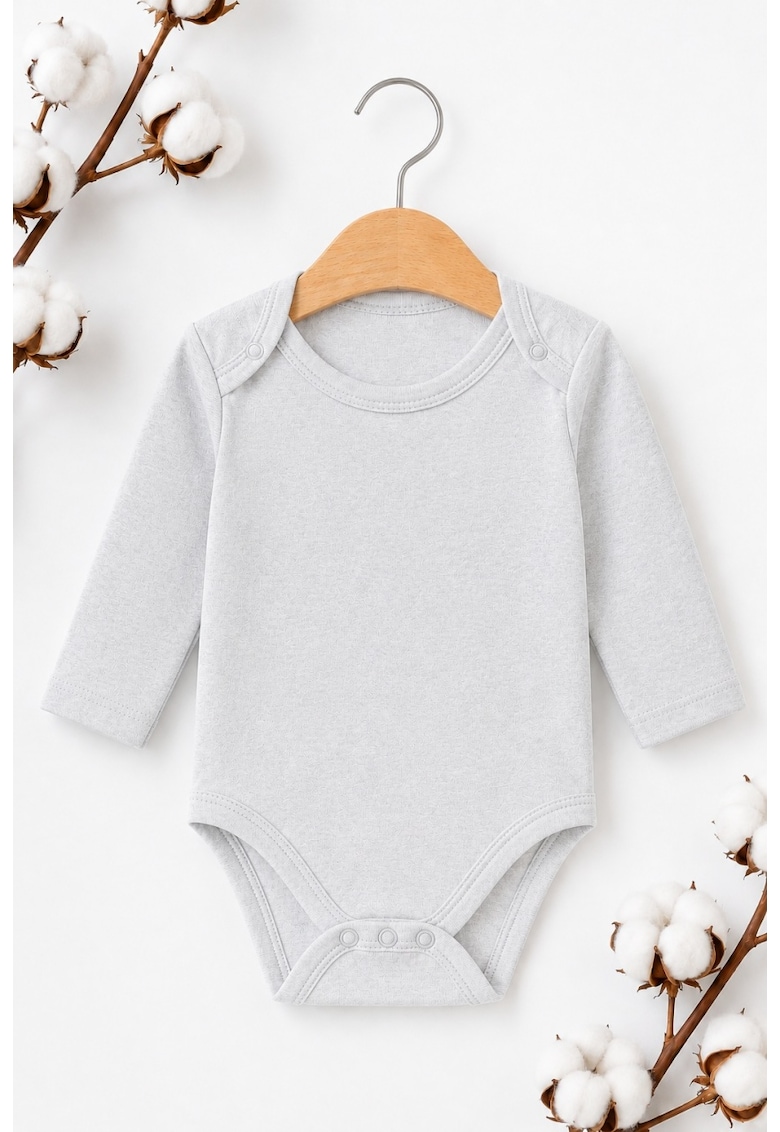 Body bebelusi gri deschis din bumbac cu maneca lunga - body unisex cu capse