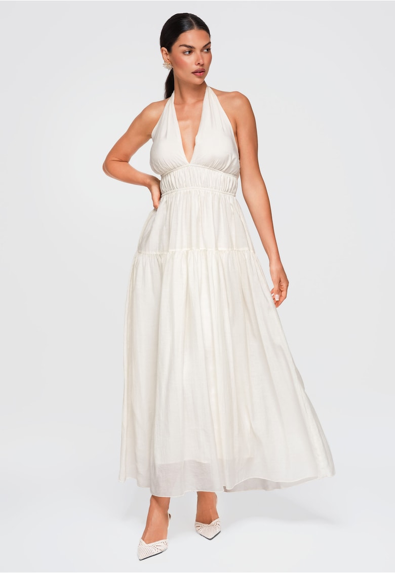 Rochie maxi eleganta cu decolteu in V si spate descoperit OW-DLR-E0001 - Ecru