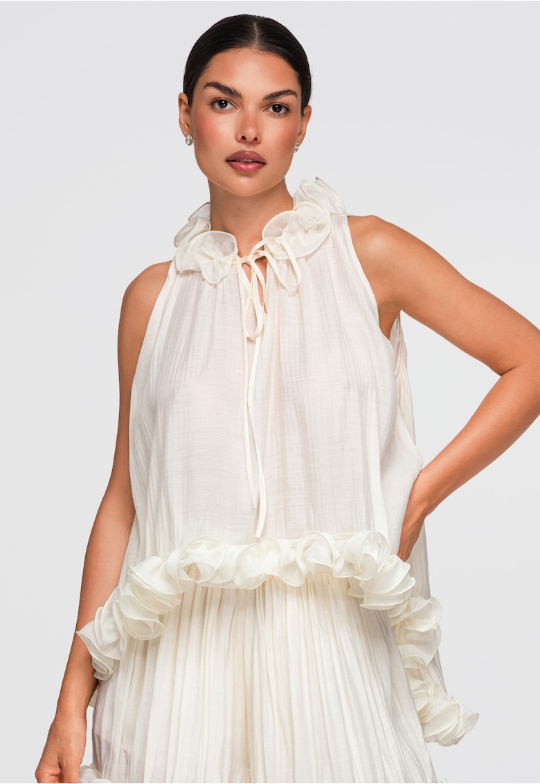 Bluza dama fara maneci cu decolteu in V si falbani - croi lejer OW-TS-E0065 - Ecru