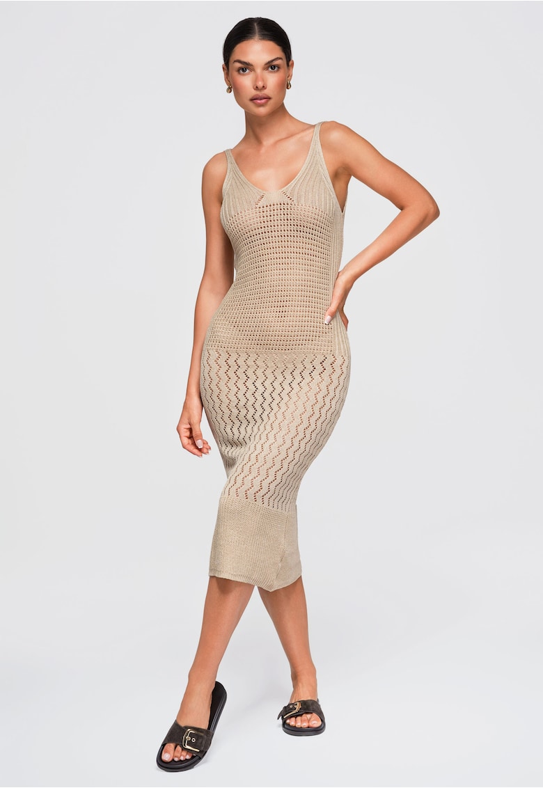 Rochie midi eleganta cu decolteu adanc si detalii OW-DLR-E0002 - Bej