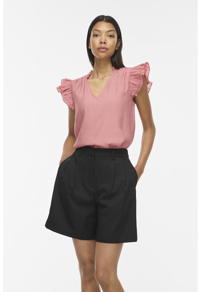 Bluza cu decolteu in V si volane - Roz deschis