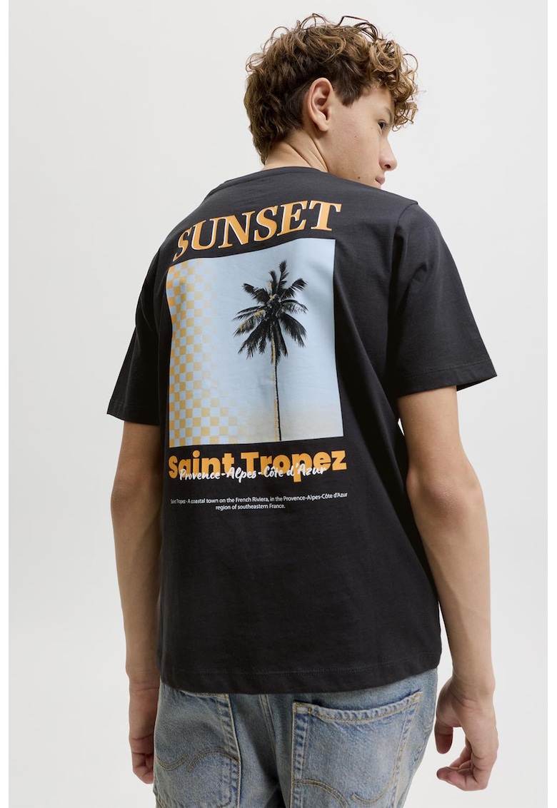 Tricou de bumbac cu imprimeu pe spate - Negru/Portocaliu/Albastru