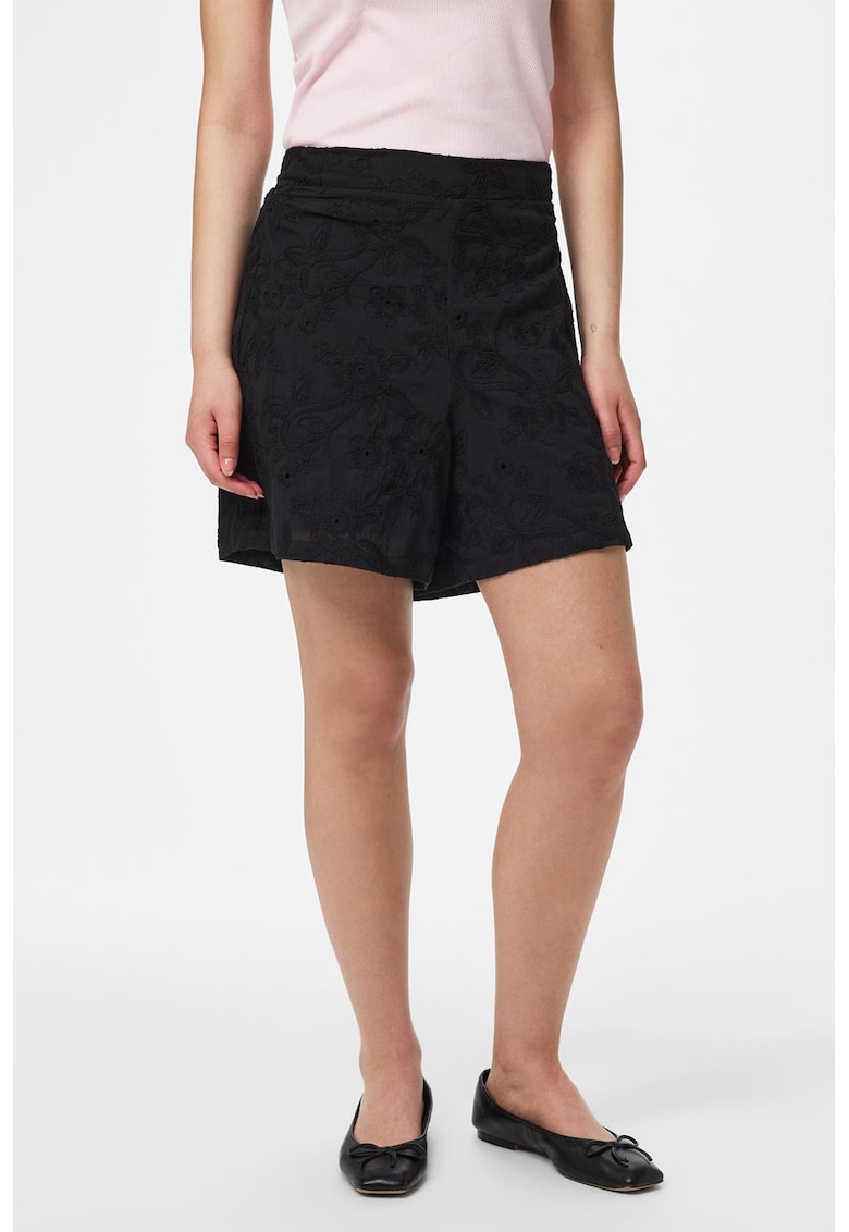 Pantaloni scurti cu talie medie si model floral - Negru