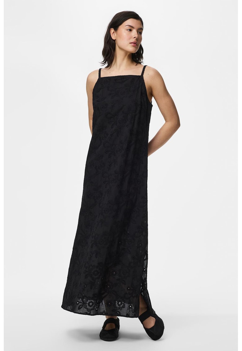 Rochie lunga de bumbac cu model floral - Negru