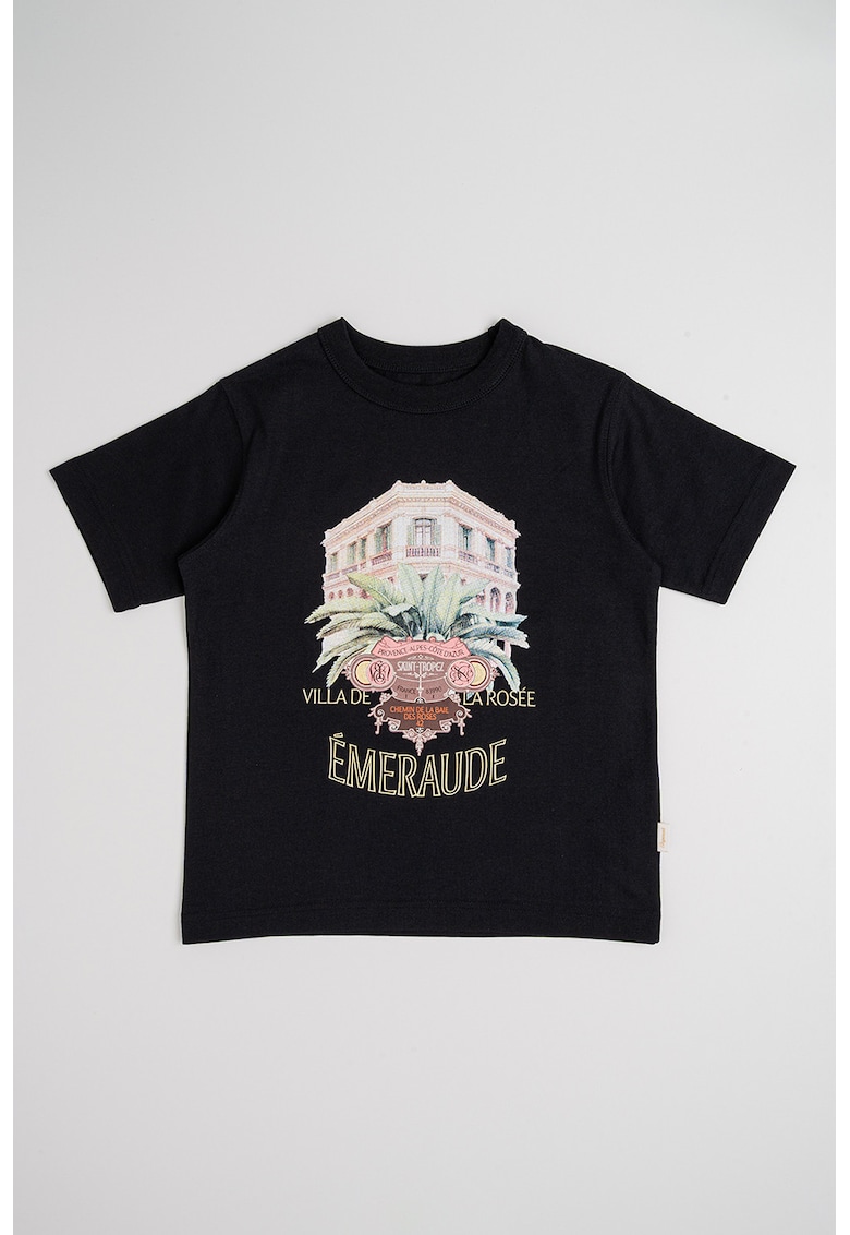 Tricou de bumbac cu imprimeu - Negru/Maro deschis/Verde menta