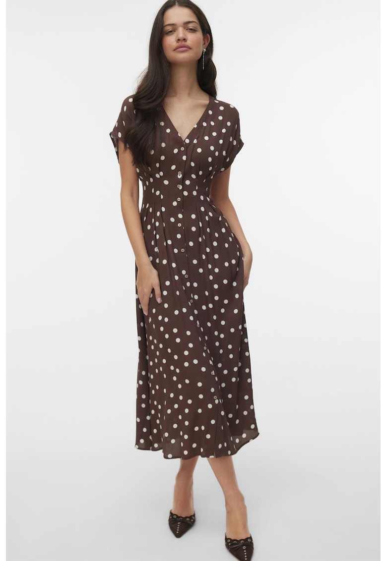 Rochie midi cu buline - Alb/Maro inchis