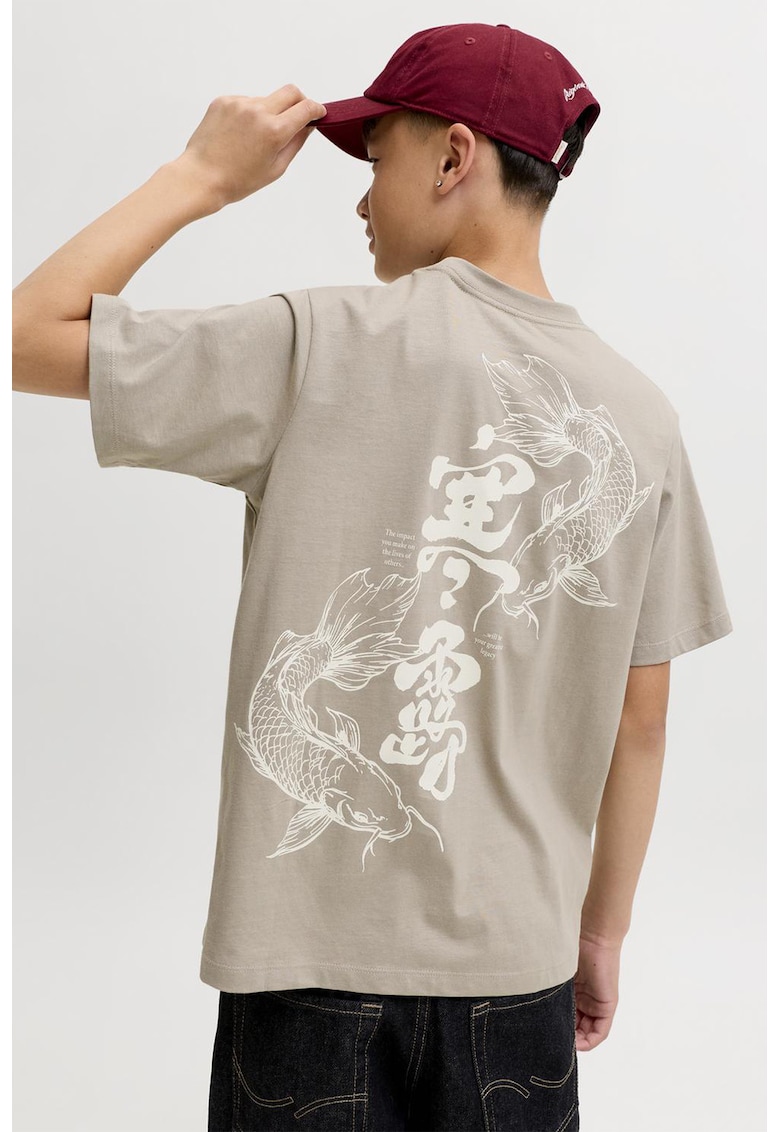 Tricou lejer de bumbac organic cu imprimeu pe spate - Maro taupe deschis/Bej deschis