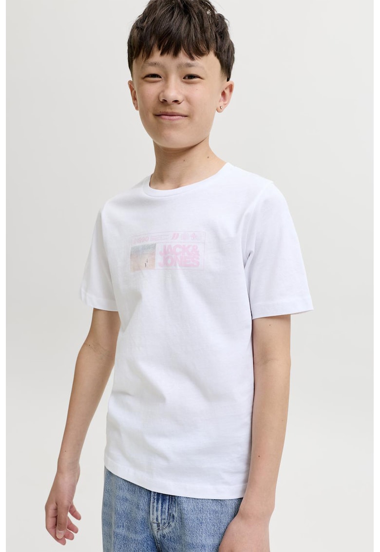 Tricou de bumbac organic cu logo - Alb/Portocaliu/Roz